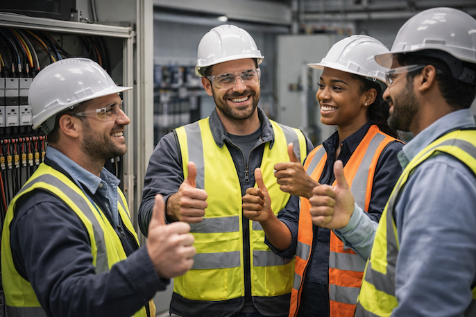Electrical technicians discussing insulation testing in industrial environment